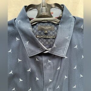 Ted Baker Navy Blue Dress Shirt with White Bird Pattern